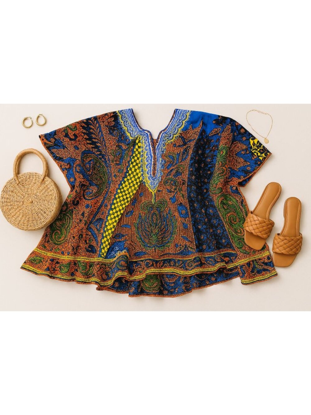 Classy City Chicks 3X Orange Blue African Print Dashiki Tunic Boho Festival Chic - Picture 9 of 10